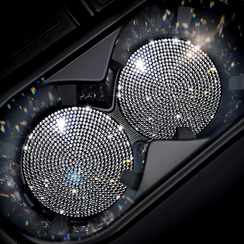 Murimt 2 PCS Universal Vehicle Bling Cup Holder Insert Coaster Car Interior Accessories,2.75 inch Silicone Anti Slip Crystal Rhinestone Car Coaster(White) - Image 1